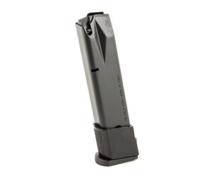 Detachable handgun magazine with a base plate, standing upright.