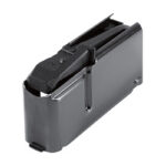 Gray office stapler shown from the side, with a black top and metal internal mechanism visible.