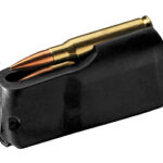 Black handgun magazine with a single cartridge visible at the top.