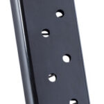 Metal firearm magazine (pistol/auto) shown at an angle, with side round-count holes and a flat base plate.