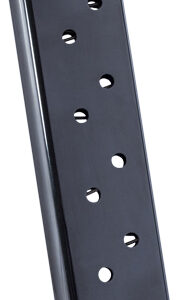 Metal firearm magazine (pistol/auto) shown at an angle, with side round-count holes and a flat base plate.
