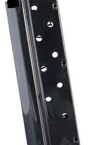 Black detachable handgun magazine with witness holes angled upright.