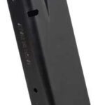 Black pistol magazine with a blue follower, shown at an angle as it would feed ammunition into a firearm.