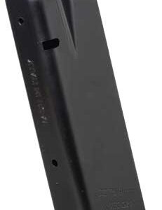Black pistol magazine with a blue follower, shown at an angle as it would feed ammunition into a firearm.