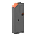 Plastic handgun magazine with an orange follower, shown upright from the side.