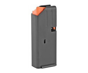 Plastic handgun magazine with an orange follower, shown upright from the side.