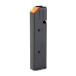 Grey pistol magazine with orange follower, standing upright.