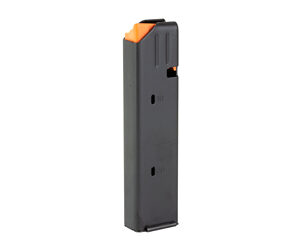 Grey pistol magazine with orange follower, standing upright.