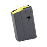 Gray detachable firearm magazine with a yellow follower.