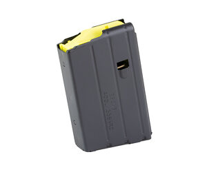 Gray detachable firearm magazine with a yellow follower.
