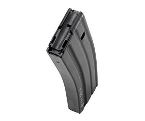 Detachable curved pistol magazine in black with baseplate.