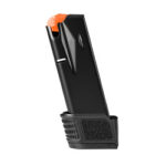 Detachable pistol magazine with an orange follower and black body.