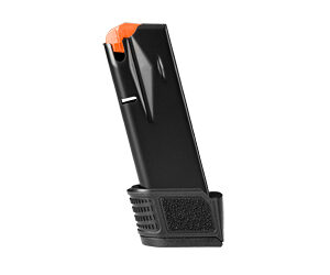 Detachable pistol magazine with an orange follower and black body.