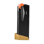 Black handgun/magazine with an orange follower and tan baseplate. Used to load ammunition into a pistol.