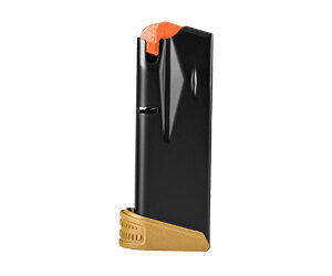 Black handgun/magazine with an orange follower and tan baseplate. Used to load ammunition into a pistol.