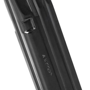 Black handgun magazine with a bright green follower, angled upright.