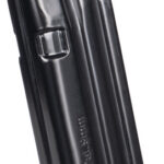 Black handgun magazine with a green follower, shown from the side (detachable ammo magazine for a semi-automatic pistol)