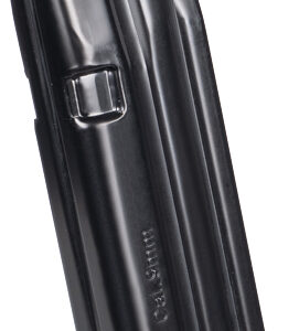 Black handgun magazine with a green follower, shown from the side (detachable ammo magazine for a semi-automatic pistol)