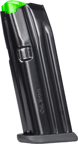 Black handgun magazine with a green follower, shown from the side (detachable ammo magazine for a semi-automatic pistol)