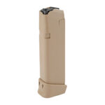 Tan polymer pistol magazine with a ribbed baseplate and visible feed lips at the top.