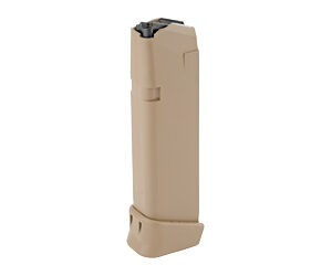 Tan polymer pistol magazine with a ribbed baseplate and visible feed lips at the top.