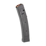 Single curved handgun magazine with orange follower.