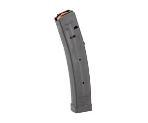 Single curved handgun magazine with orange follower.