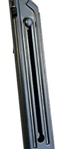 Black pistol magazine standing upright with a visible base plate at the bottom and feed lips toward the top.