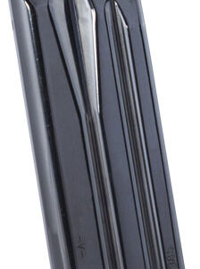 Close-up of a black staple gun magazine with metal rails and a rounded base.