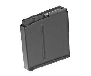 Metal detachable firearm magazine shown at a slight angle