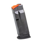 Black handgun magazine with an orange follower shown at an angle on a white background.