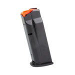 Black handgun magazine with an orange follower, standing upright on a white background.