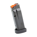 Gray pistol magazine with an orange follower, standing upright.