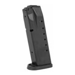 Black handgun magazine standing upright with a rounded baseplate and visible feed holes