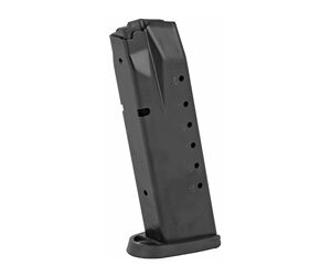 Black handgun magazine standing upright with a rounded baseplate and visible feed holes