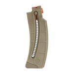 Tan curved rifle magazine with an orange follower visible.