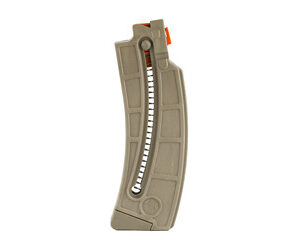 Tan curved rifle magazine with an orange follower visible.
