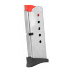 Detachable pistol magazine with orange follower, silver body, round-count holes, and a black base plate.