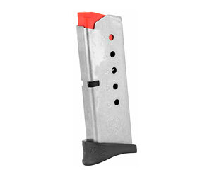 Detachable pistol magazine with orange follower, silver body, round-count holes, and a black base plate.