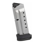 Metal pistol magazine with a black baseplate and side round-count holes visible