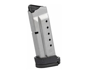 Metal pistol magazine with a black baseplate and side round-count holes visible