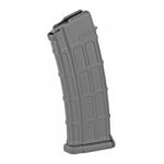 Gray curved rifle magazine standing upright