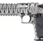 Semi-automatic Desert Eagle pistol with gray zebra-stripe finish shown in side view.