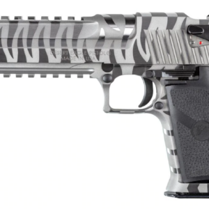 Semi-automatic Desert Eagle pistol with gray zebra-stripe finish shown in side view.
