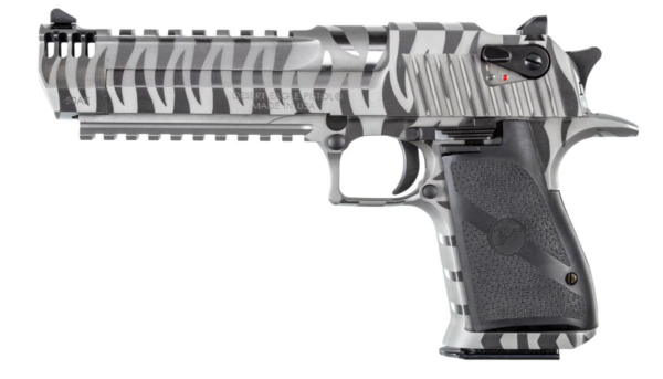 Semi-automatic Desert Eagle pistol with gray zebra-stripe finish shown in side view.