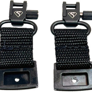 Pair of black adjustable strap clips with woven nylon straps and metal bases, used to secure and lengthen a strap.