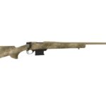 Desert camouflage bolt-action sniper rifle with long tan barrel, adjustable stock, and detachable magazine on a white background