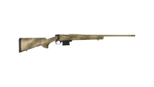Desert camouflage bolt-action sniper rifle with long tan barrel, adjustable stock, and detachable magazine on a white background