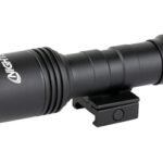 Black compact flashlight with a rail-mount clamp attached underneath