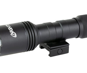 Black compact flashlight with a rail-mount clamp attached underneath